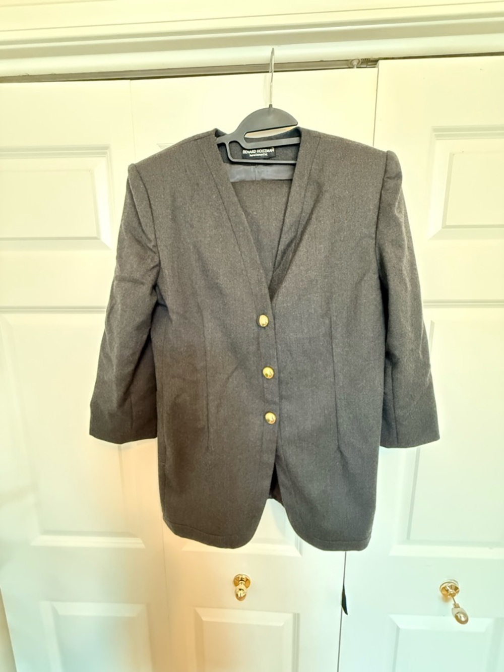 Harve Benard Gray Blazer Skirt Set with Gold Buttons